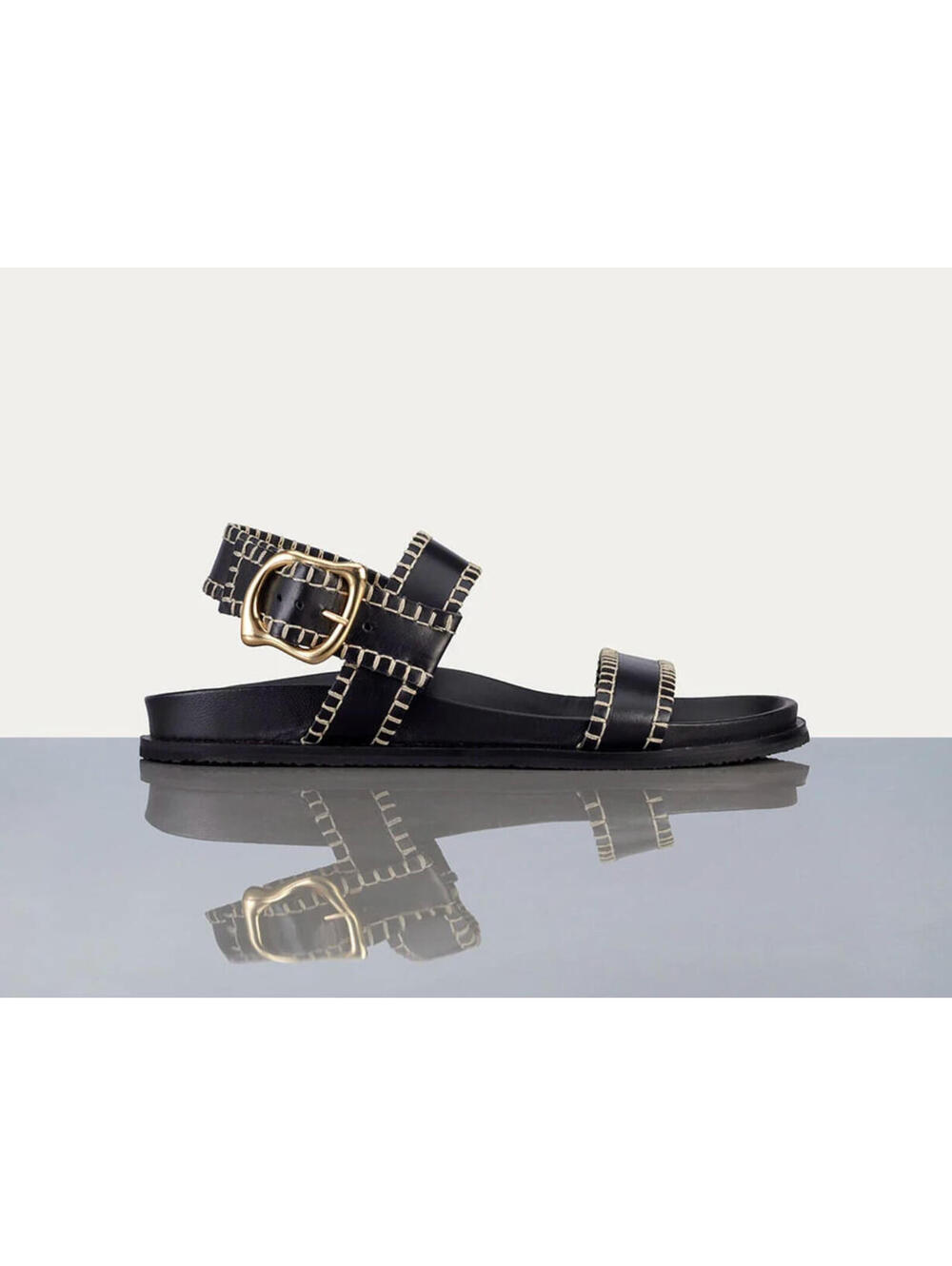 FRAME Marcel Leather Sandals Womens 8.5 Black Whipstitch Gold Buckle